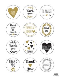 thank you stickers in gold and black with hearts, arrows, wreaths, leaves