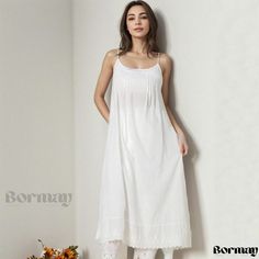 Bormay - Cotton and Linen Loose Maxi Dress: Solid Color Inner Camisole Slip Dress Summer Home Dresses With Spaghetti Straps, Summer Camisole Nightgown For Home, Summer Spaghetti Strap Nightgown, White Summer Cami Nightgown, Summer Sleeveless Nightgown For Home, Elegant Sleeveless Summer Nightgown, Sleeveless Summer Home Dress, Sleeveless Summer Dress For Home, White Slip Dress