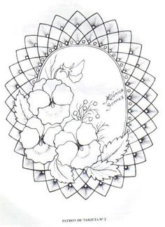 a drawing of flowers in the middle of a circular frame with leaves and butterflies on it