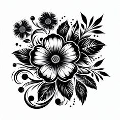 a black and white drawing of flowers with leaves on the bottom, surrounded by circles