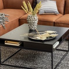 a living room with couches and a coffee table in the middle, topped with a pine cone centerpiece