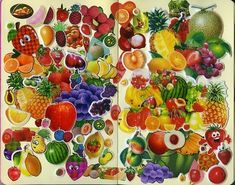 an open book filled with lots of different types of fruits and vegtables