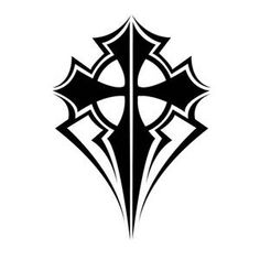 a black and white image of a cross with two intersecting lines on the side,