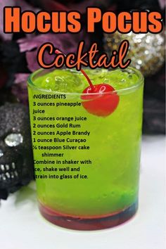 a green cocktail with a cherry on the rim and text that reads hoccus pocus cocktail