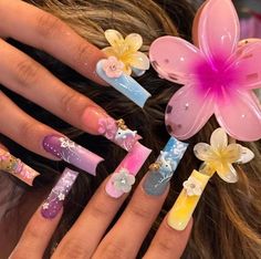 🐬ready for summer🌻 Deco Nails, Junk Nails, Tropical Nails, Colorful Nail, Girly Acrylic Nails, Really Cute Nails, Nail Swag, Bling Acrylic Nails, A Silent Voice