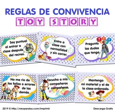 the spanish version of toy story is shown in three different colors and font, with an image