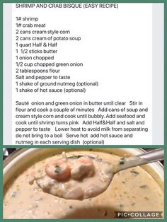 the recipe for shrimp and crab bisquee is shown in an image above it