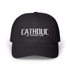 CATHOLIC EST 33AD - Classic Dad Cap Showcase your faith with pride with our "CATHOLIC EST 33AD" Dad & Mom hat. This classic cap is a perfect tribute to your Catholic identity, making it an ideal gift for Confirmation, First Communion, or celebrating Pentecost. Crafted from high-quality material, this comfortable hat blends style with a strong statement of faith. It's a thoughtful gift for any Catholic looking to express their devotion in a practical and stylish way. Whether for yourself or a loved one, this hat is a meaningful accessory for daily wear, embodying the spirit of pride in one's Catholic heritage. *PLEASE READ BEFORE PURCHASING* 1. All of our Items are made on demand. The production time may vary depending on the time of the year. Once the package has left the fulfillment cente Mom Hat, Trendy Items, Mom Hats, First Communion Gifts, Pentecost, Communion Gifts, Dad Cap, Confirmation Gifts, Dad Caps