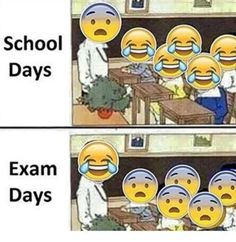 two pictures with different faces and words that say school days exam days, but no one is