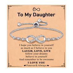 PRICES MAY VARY. 【Infinity Daughter Bracelet】-- The bracelet designed with the infinity charm represents the endless love, the love between mom and daughter is forever. Give this infinity love bracelet to your daughter and tell her: "I love you forever and always." 【Material】-- Our bracelet is inlaid with sparkly cubic zirconia, made of silver-plated infinity charm, hypoallergenic and nickel free, safe for sensitive skin. 【Adjustable Size】--Adjustable-Sliding design that allows you to adjust the Mother's Day Inspirational Adjustable Name Bracelet, Adjustable Heart Bracelet For Mother's Day Birthday, Inspirational Adjustable Bracelets For Birthday, Inspirational Adjustable Bracelets For Mom, Adjustable Heart Bracelet For Birthday And Mother's Day, Adjustable Heart Bracelet For Birthday Gift On Mother's Day, Adjustable Bracelets For Birthday And Mother's Day, Adjustable Name Bracelet For Valentine's Day Gift, Adjustable Infinity Heart Bracelet For Mother's Day