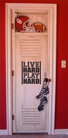 a door with an image of a football helmet on it