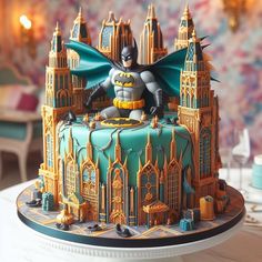 a batman themed cake is displayed on a table