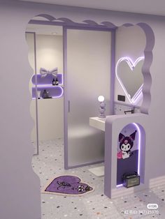 a bathroom with a mirror, sink and vanity in purple colors on the wall next to it