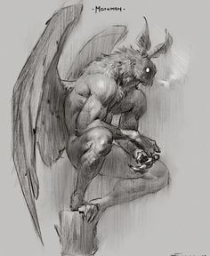 a drawing of a demon kneeling down with his hands on his knees and the words memory written