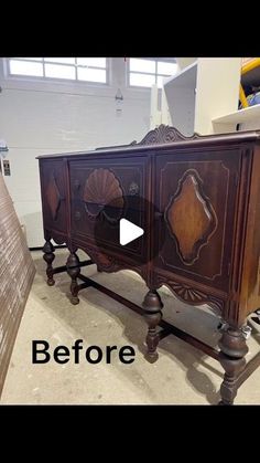 an old dresser is turned into a sideboard with wood carvings on the top and bottom