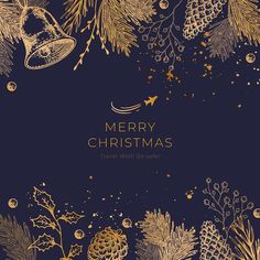 a christmas card with pine cones, firs and bells on a dark blue background