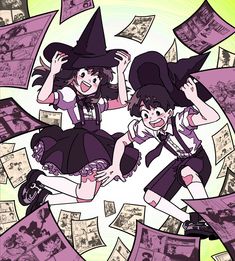 two girls dressed as witches surrounded by money