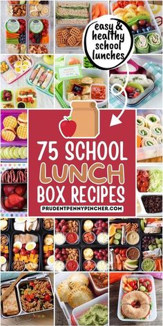 an image of lunch boxes with different food items in the box and text that reads 75 school lunch box recipes