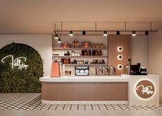 a coffee shop with the counter lit up and decorated in brown, white and tan colors