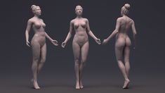 three nude women standing next to each other in different poses, with one holding the hand