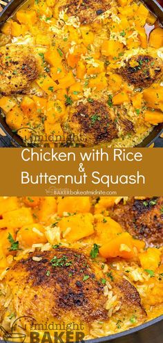 chicken with rice and butternut squash in a skillet