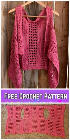 a pink crochet sweater hanging on a wooden wall with the text free crochet pattern