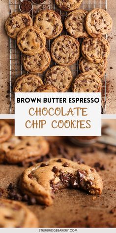 brown butter espresso chocolate chip cookies on a cooling rack with text overlay