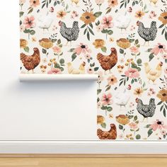 the wall paper is decorated with chickens and flowers