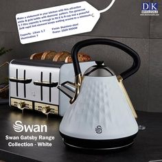 an advertisement for swan gatsby range collection - white toaster and toaster