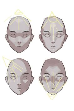 four different angles of the face and head, each with yellow lines on their forehead