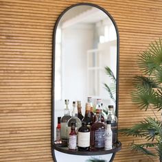 a mirror that has bottles on it in front of a plant and potted palm tree