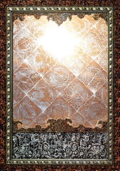 a painting with an ornate border and sun shining through the center, in front of a brown background