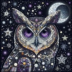 an owl with purple eyes and stars in the background