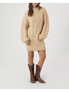 A cable knit sweater dress featuring a mock neck, dropped long peasant sleeves, mini length, ribbed trim, and shift silhouette.Cable Knit Sweater Mini Dress Ginger Casual  Long Sleeve  Plain    Women Clothing, size features are:Bust: ,Length: ,Sleeve Length: Ginger Dress, Sweater Mini Dress, Peasant Sleeve, Cable Knit Sweater Dress, Mini Sweater Dress, Knit Sweater Dress, Dress For Short Women, Cable Knit Sweater, Kids Beachwear