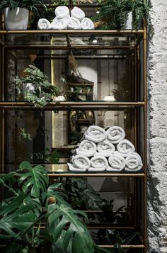 towels are stacked up on a shelf next to plants