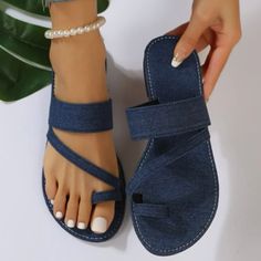 Brand New And Never Worn Flat Denim Blue Sandals For Summer, Denim Blue Flat Sandals For Summer, Blue Denim Sandals For Vacation, Flat Denim Sandals For Vacation, Denim Blue Flat Sandals For Beach, Denim Flat Sandals For Vacation, Denim Blue Slip-on Sandals For Summer, Casual Denim Blue Sandals For Vacation, Flat Denim Sandals For Beach