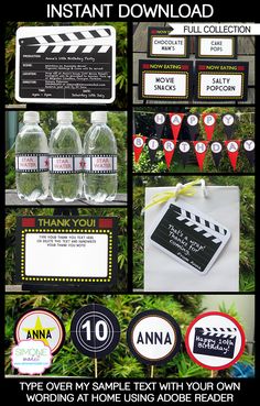 a collage of movie themed party items including water bottles, clapsticks and labels