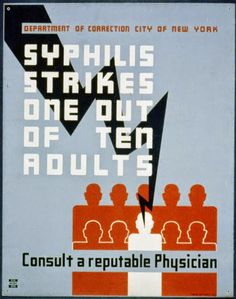 an old poster with the words syphilis strikes one out of ten adults