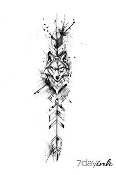 a black and white drawing of a wolf with an arrow on it's side