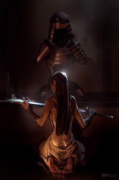 a woman holding two swords in the dark