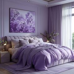 a bed with purple sheets and pillows in a bedroom next to a painting on the wall