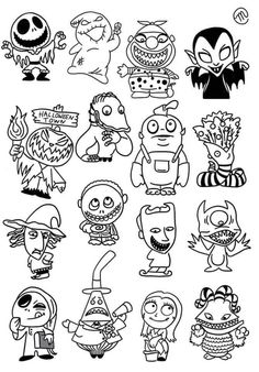 cartoon characters drawn in black and white on a white background, each with different faces