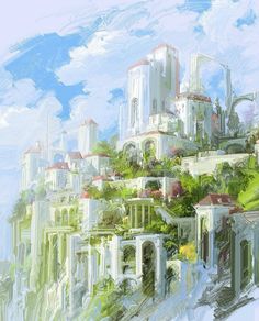 an artistic painting of a city on top of a hill