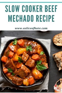 slow cooker beef mechado recipe in a cast iron skillet