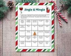 a printable christmas party game with candy canes and pine cones on the table