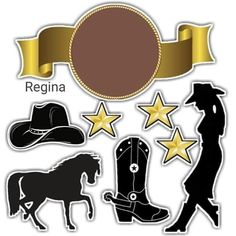 the silhouettes of cowboy hats, boots and stars are shown in black and gold