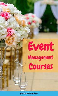 an event management course with flowers in vases on the table and chairs to the side