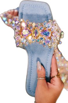 Summer Vacation Sandals With Rhinestones, Embellished Sandals For Beach Party, Embellished Sandals For Beach Season Parties, Glamorous Rhinestone Beach Heels, Summer Rhinestone Open Toe Flip Flops, Embellished Open Toe Heels For Summer, Trendy Rhinestone Open Toe Sandals, Trendy Open Toe Sandals With Rhinestones, Flat Rhinestone Sandals For Summer