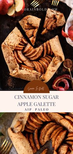 cinnamon sugar apple galette pie on a table with apples and goldware in the background