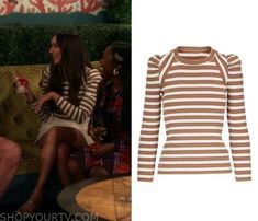 an image of a woman in brown and white striped sweater on the talk with her friends